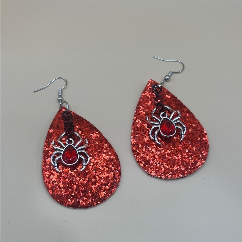 Red Glitter Spider Earrings